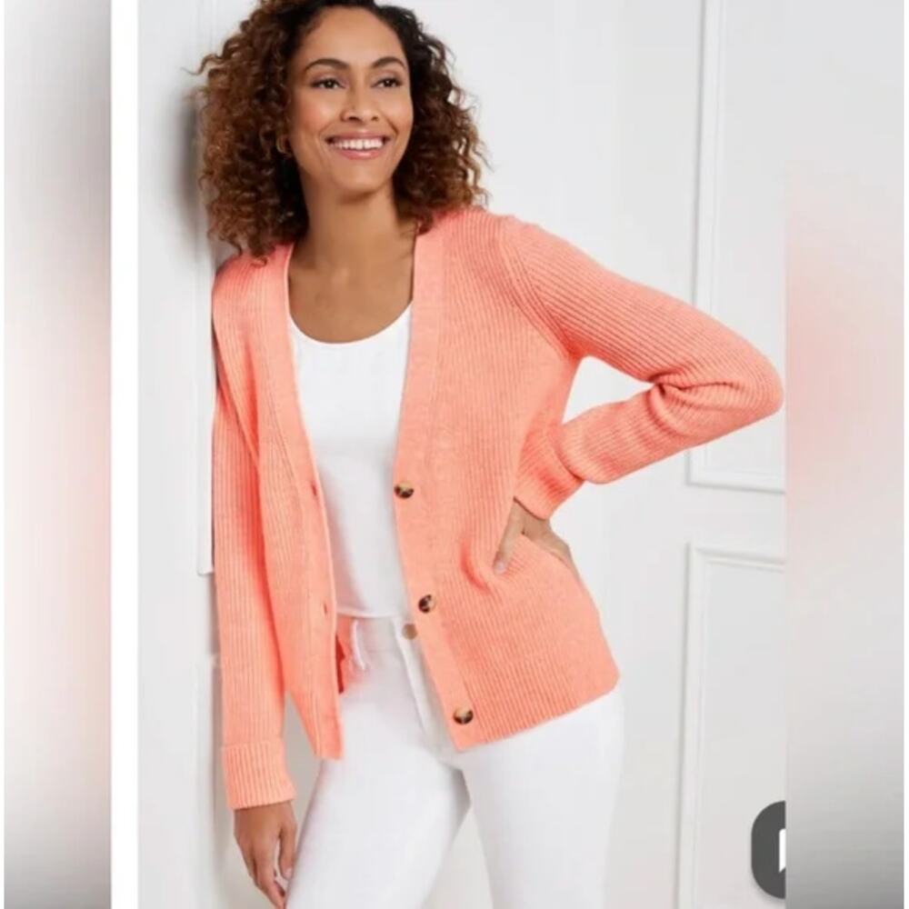 Talbots Petite Shaker Stitch Cardigan Peachy Orange Button Front Sweater PS